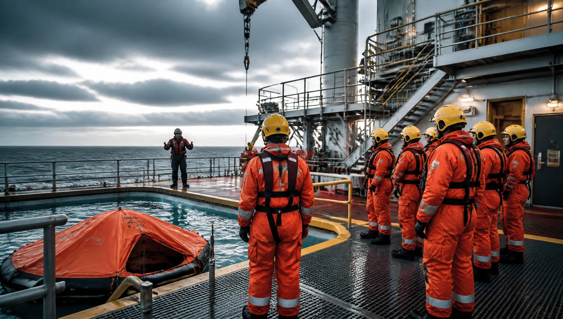 Trainees in survival suits during an offshore safety drill at the AOSI campus